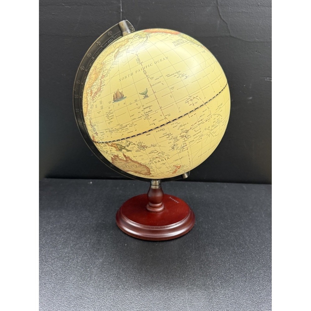 Annova Antique Globe 10" Diameter Metal Arc and Wood Base, Vintage Decorative